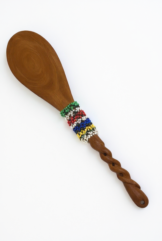 Wooden spoon with a colorful beaded decoration on the handle.